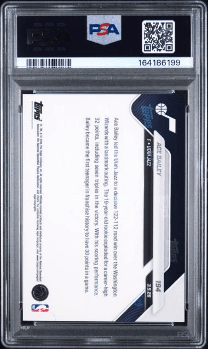 Graded 2025 Topps Now Ace Bailey #194 Rookie RC Basketball Card PSA 10 Gem Mint