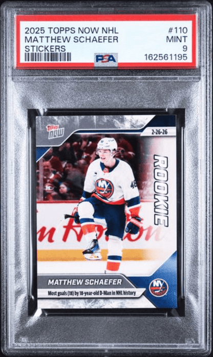 Graded 2025 Topps Now Matthew Schaefer #110 Rookie RC Hockey Card PSA 9 Mint