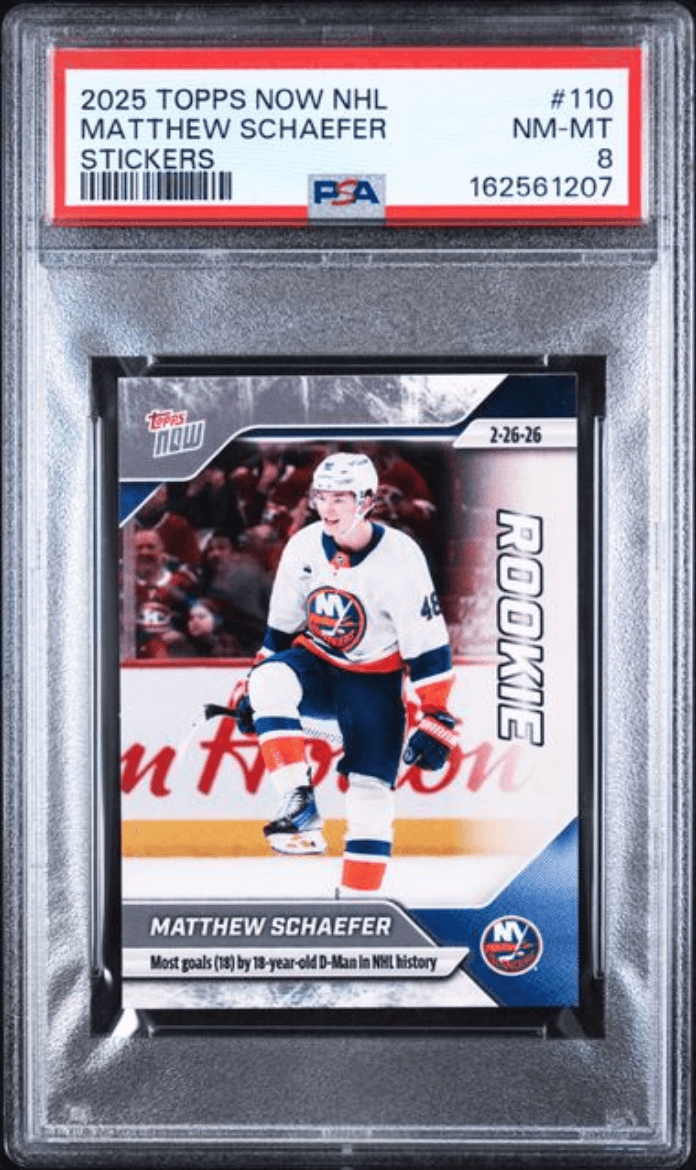 Graded 2025 Topps Now Matthew Schaefer #110 Rookie RC Hockey Card PSA 8 Near Mint