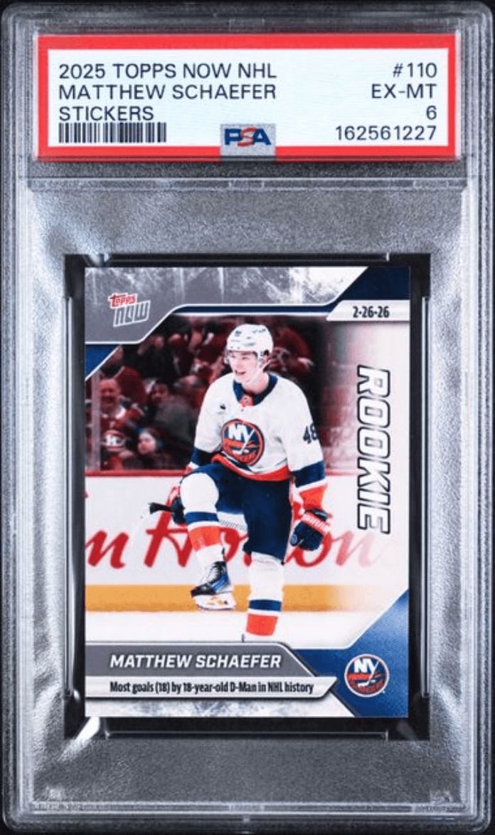 Graded 2025 Topps Now Matthew Schaefer #110 Rookie RC Hockey Card PSA 6 EX Mint