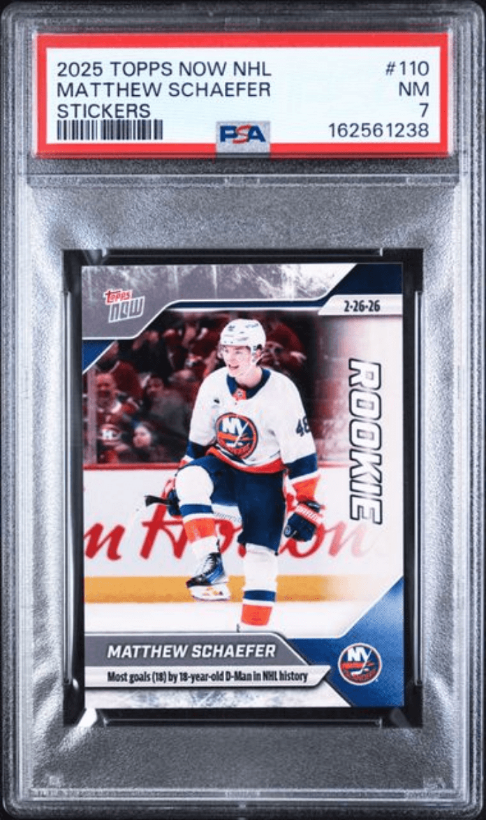 Graded 2025 Topps Now Matthew Schaefer #110 Rookie RC Hockey Card PSA 7 Near Mint