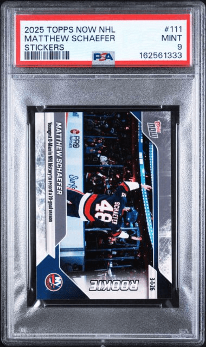 Graded 2025 Topps Now Matthew Schaefer #111 Rookie RC Hockey Card PSA 9 Mint