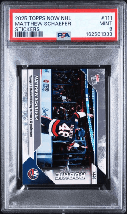 Graded 2025 Topps Now Matthew Schaefer #111 Rookie RC Hockey Card PSA 9 Mint