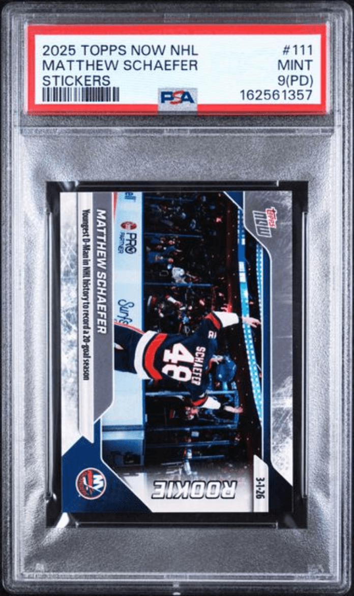 Graded 2025 Topps Now Matthew Schaefer #111 Rookie RC Hockey Card PSA 9 (PD) Mint
