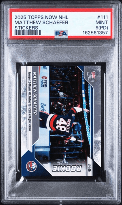 Graded 2025 Topps Now Matthew Schaefer #111 Rookie RC Hockey Card PSA 9 (PD) Mint