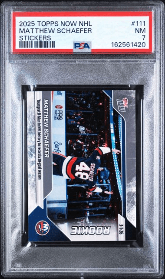Graded 2025 Topps Now Matthew Schaefer #111 Rookie RC Hockey Card PSA 7 Near Mint