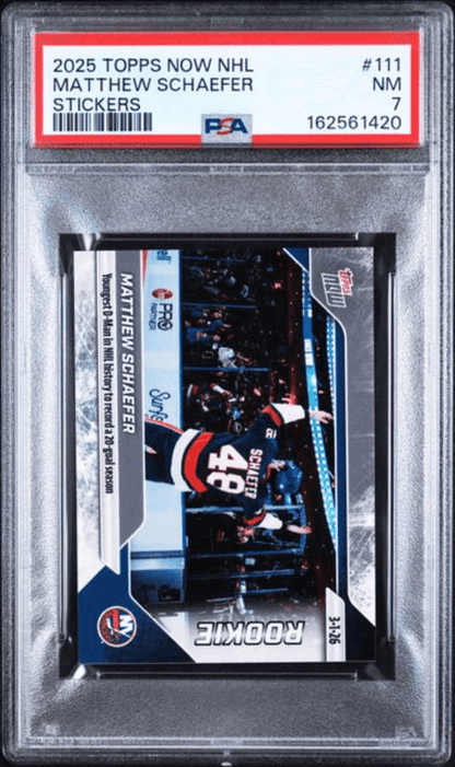 Graded 2025 Topps Now Matthew Schaefer #111 Rookie RC Hockey Card PSA 7 Near Mint