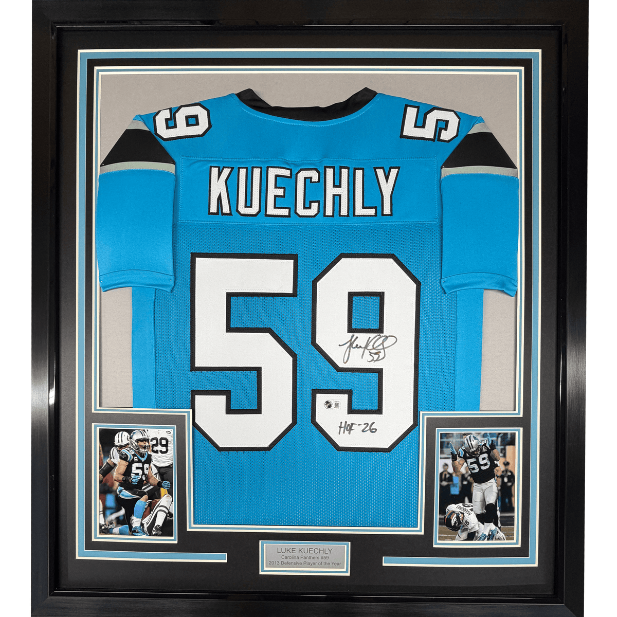 Framed Autographed/Signed Luke Kuechly HOF 26 35x39 Carolina Blue Football Jersey Beckett BAS COA