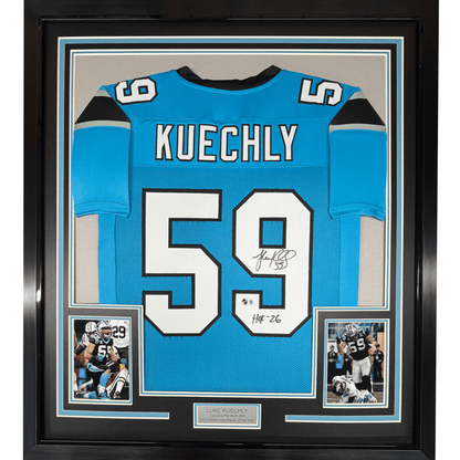 Framed Autographed/Signed Luke Kuechly HOF 26 35x39 Carolina Blue Football Jersey Beckett BAS COA