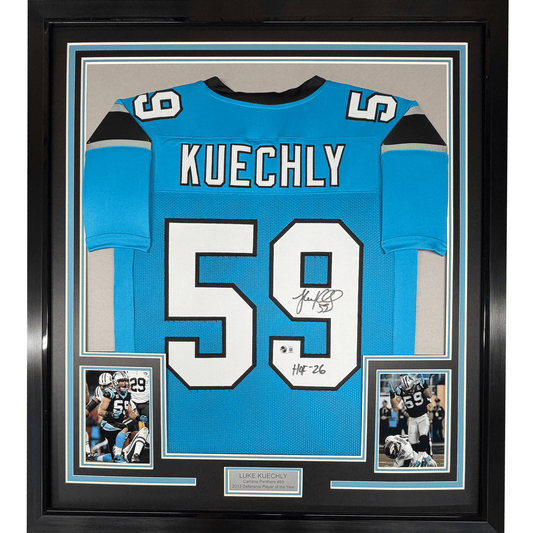 Framed Autographed/Signed Luke Kuechly HOF 26 35x39 Carolina Blue Football Jersey Beckett BAS COA