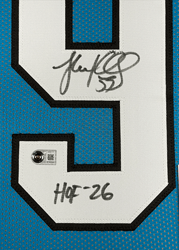 Framed Autographed/Signed Luke Kuechly HOF 26 35x39 Carolina Blue Football Jersey Beckett BAS COA