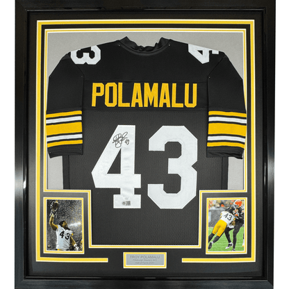 Framed Autographed/Signed Troy Polamalu 35x39 Pittsburgh Retro Black Football Jersey JSA COA