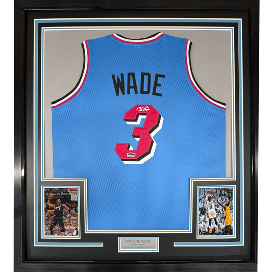Framed Facsimile Autographed Dwyane Wade 35x39 Miami Blue Vice City Reprint Laser Auto Basketball Jersey