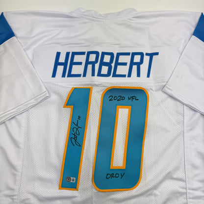 Autographed/Signed Justin Herbert 2020 ROY Los Angeles San Diego White Football Jersey Beckett BAS COA