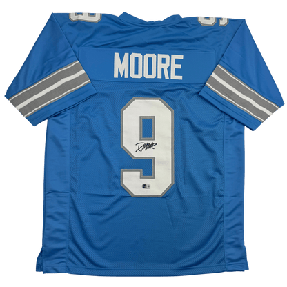 Autographed/Signed Derrick Moore Detroit Blue Football Jersey Beckett BAS COA