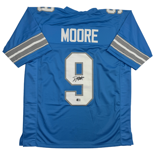Autographed/Signed Derrick Moore Detroit Blue Football Jersey Beckett BAS COA