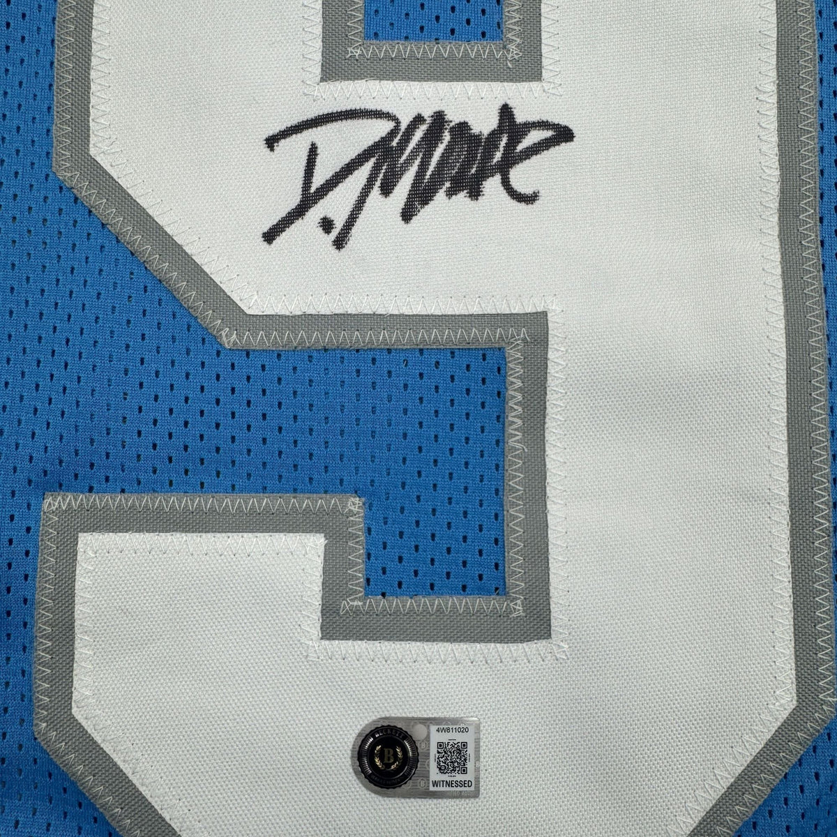 Autographed/Signed Derrick Moore Detroit Blue Football Jersey Beckett BAS COA