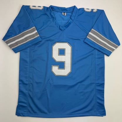 Autographed/Signed Derrick Moore Detroit Blue Football Jersey Beckett BAS COA