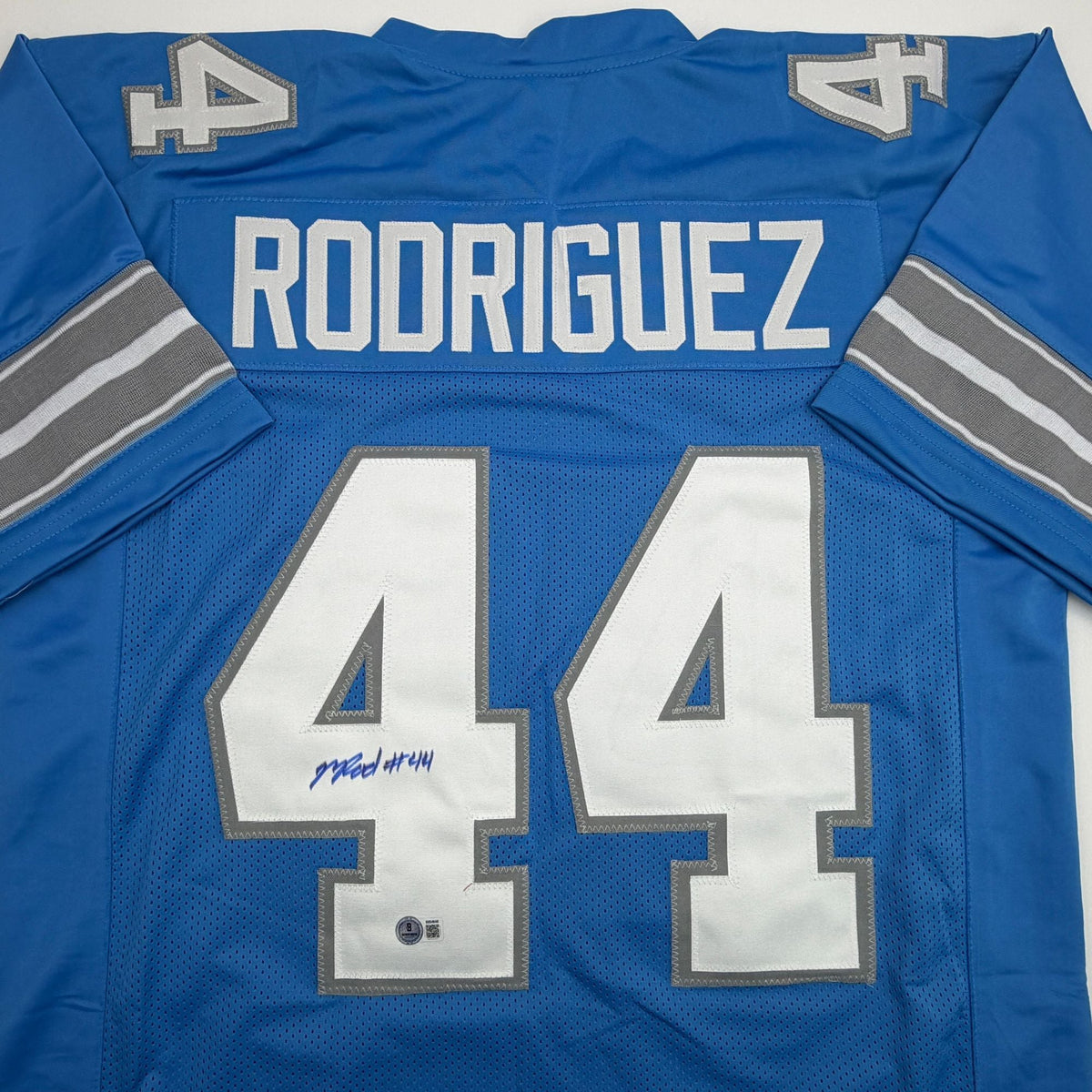 Autographed/Signed Malcolm Rodriguez Detroit Blue Football Jersey Beckett BAS COA #2