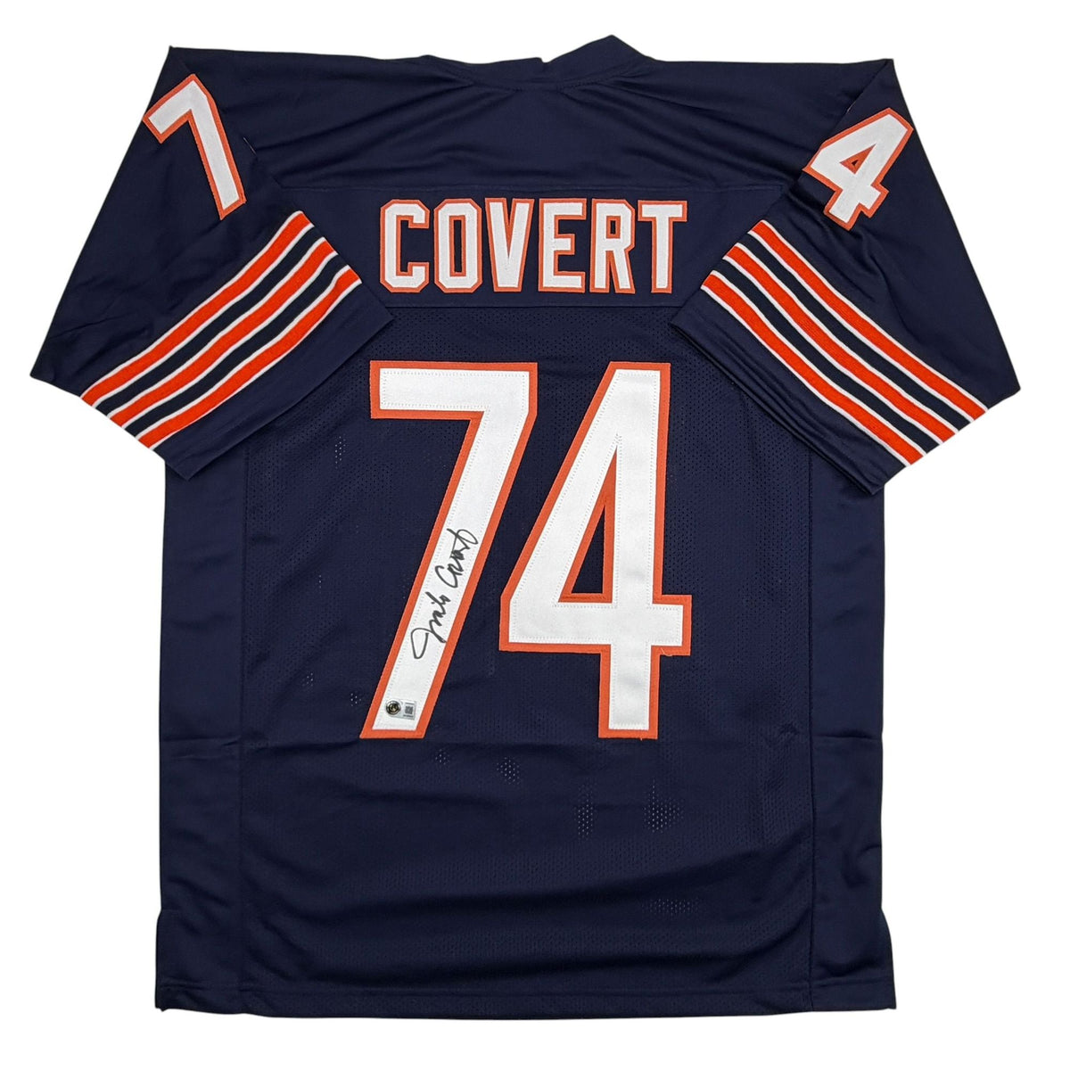 Autographed/Signed Jim Jimbo Covert Chicago Blue Football Jersey Beckett BAS COA