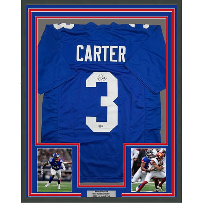 Framed Autographed/Signed Abdul Carter 35x39 New York #3 Blue Football Jersey Beckett BAS COA