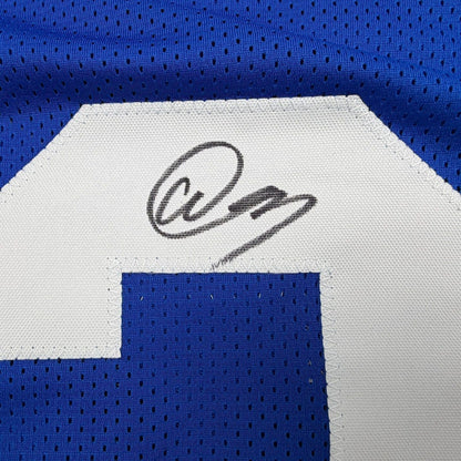 Framed Autographed/Signed Abdul Carter 35x39 New York #3 Blue Football Jersey Beckett BAS COA