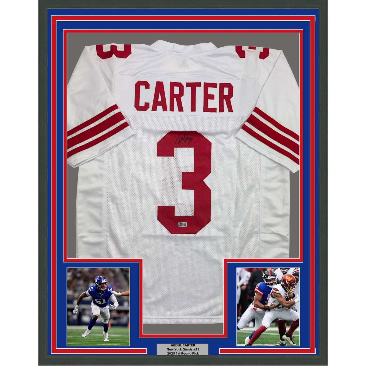 Framed Autographed/Signed Abdul Carter 35x39 New York White Football Jersey Beckett BAS COA