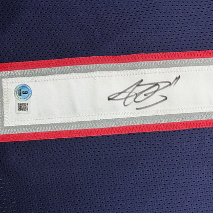 Framed Autographed/Signed AJ A.J. Brown 35x39 New England Blue Football Jersey Beckett BAS COA