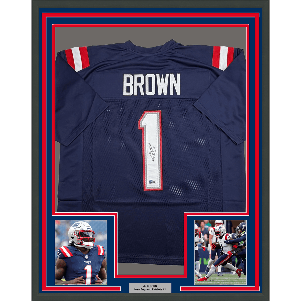 Framed Autographed/Signed AJ A.J. Brown 35x39 New England Blue Football Jersey Beckett BAS COA