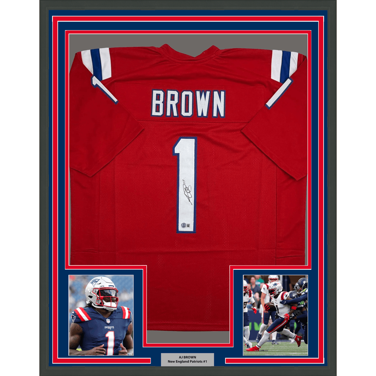 Framed Autographed/Signed AJ A.J. Brown 35x39 New England Red Football Jersey Beckett BAS COA