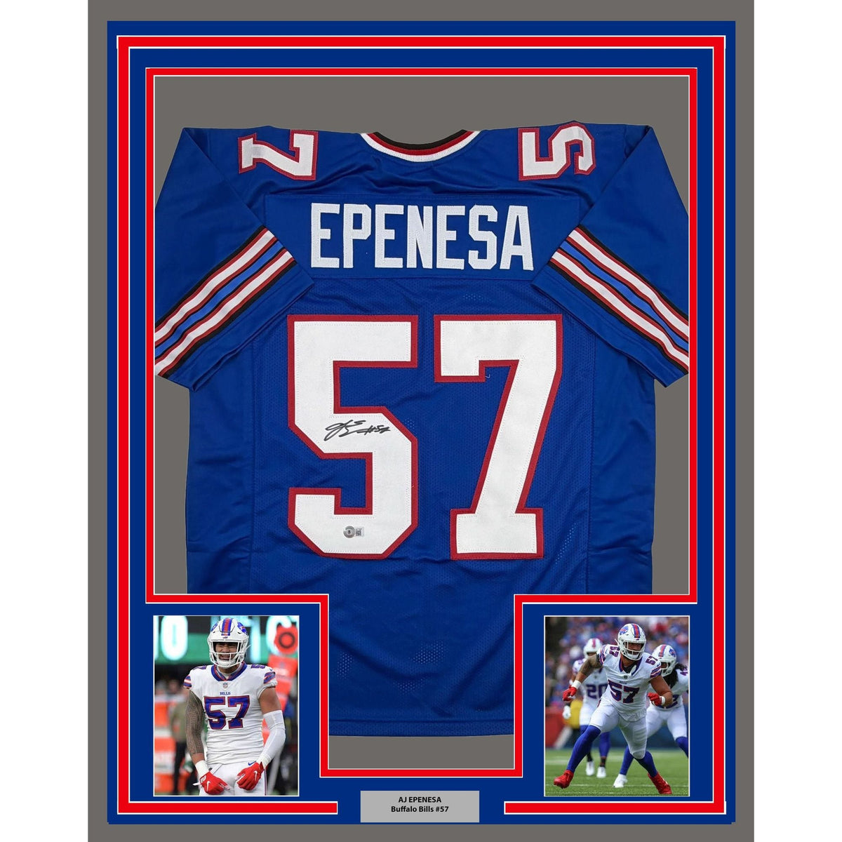 Framed Autographed/Signed AJ A.J. Epenesa 35x39 Buffalo Blue Football Jersey Beckett BAS COA