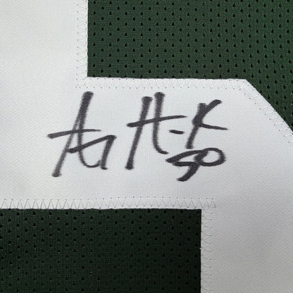Framed Autographed/Signed AJ Hawk 35x39 Green Bay Green Football Jersey Beckett BAS COA