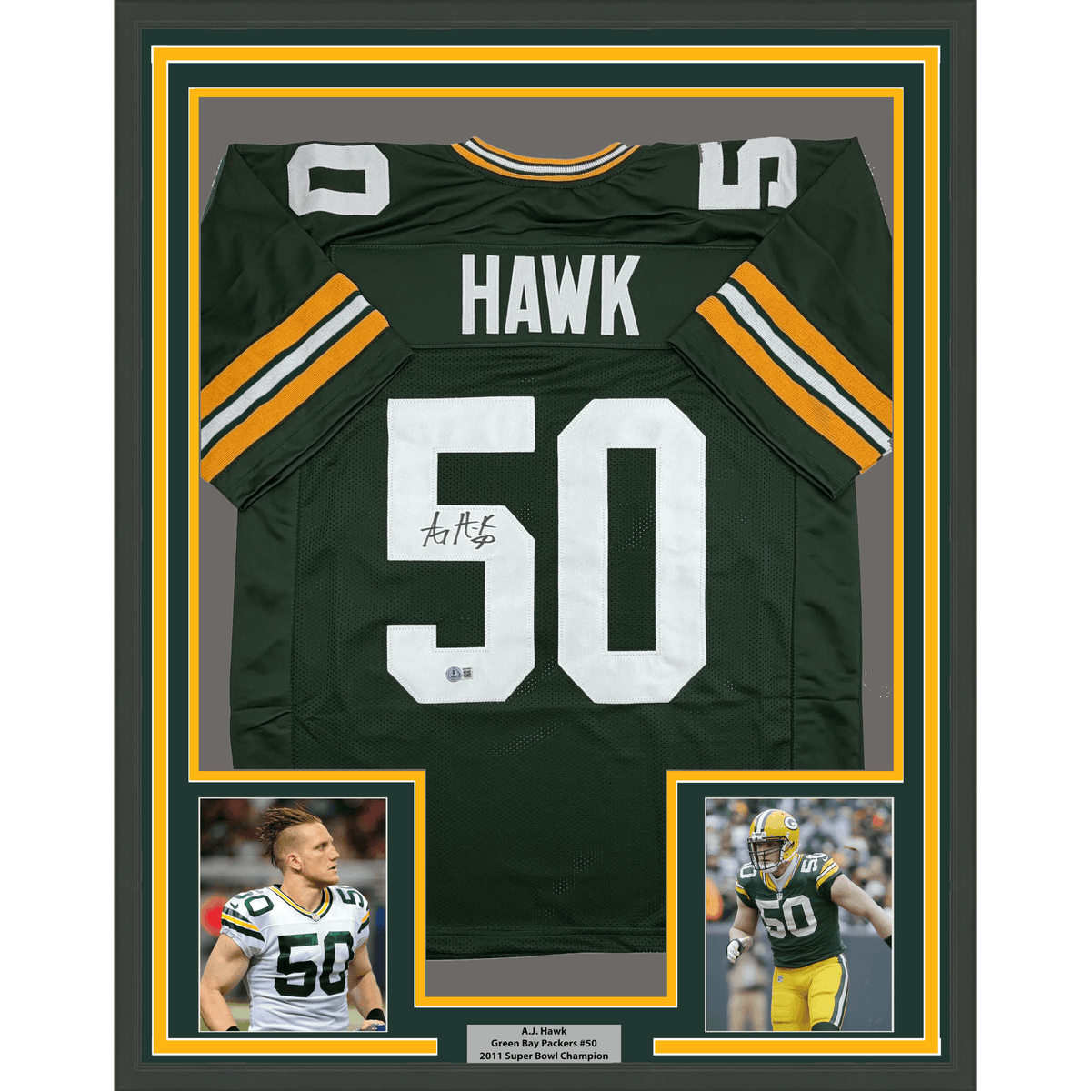 Framed Autographed/Signed AJ Hawk 35x39 Green Bay Green Football Jersey Beckett BAS COA