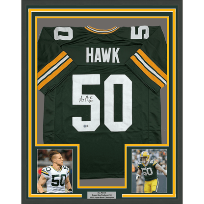 Framed Autographed/Signed AJ Hawk 35x39 Green Bay Green Football Jersey Beckett BAS COA