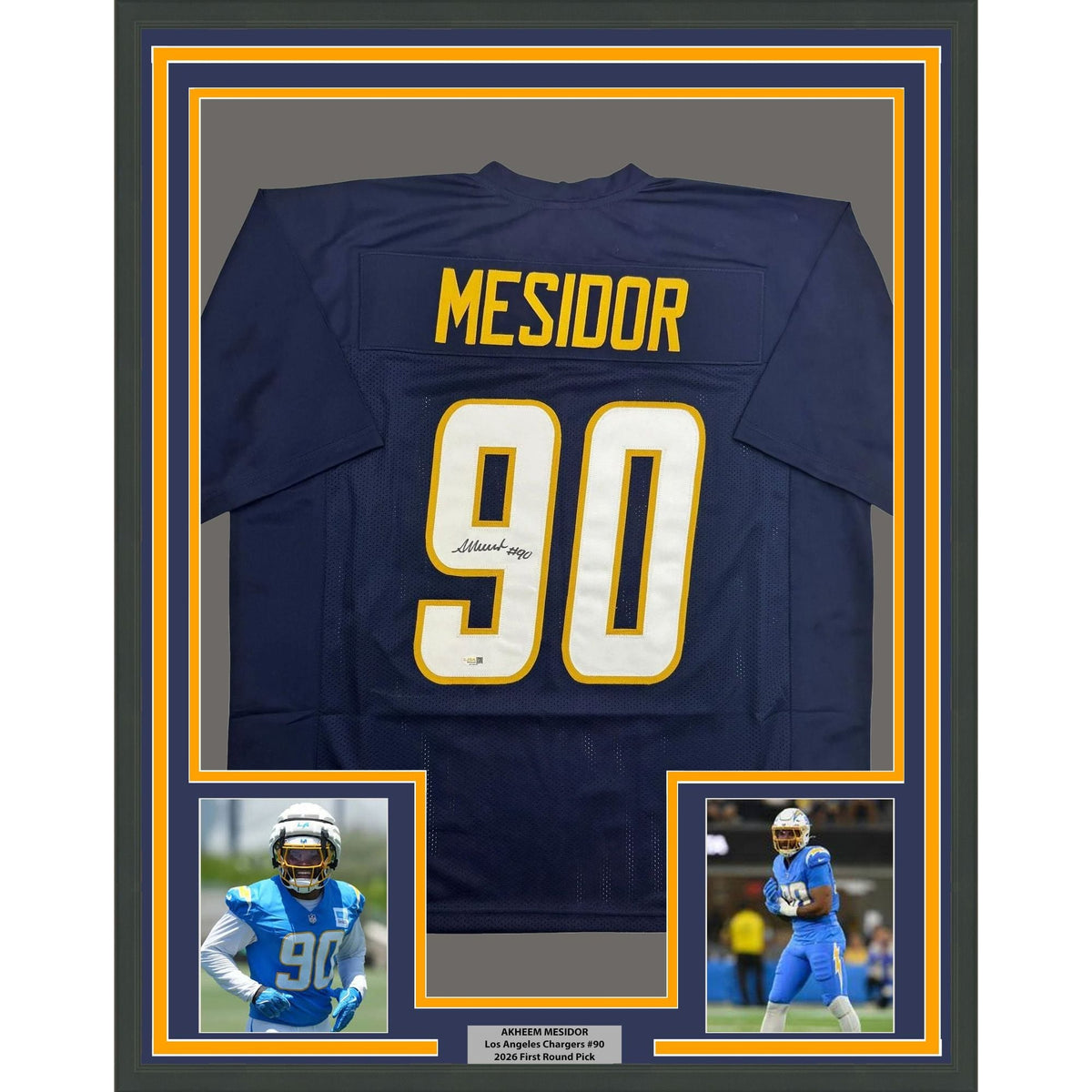 Framed Autographed/Signed Akheem Mesidor 35x39 Los Angeles San Diego Navy Blue Football Jersey JSA COA