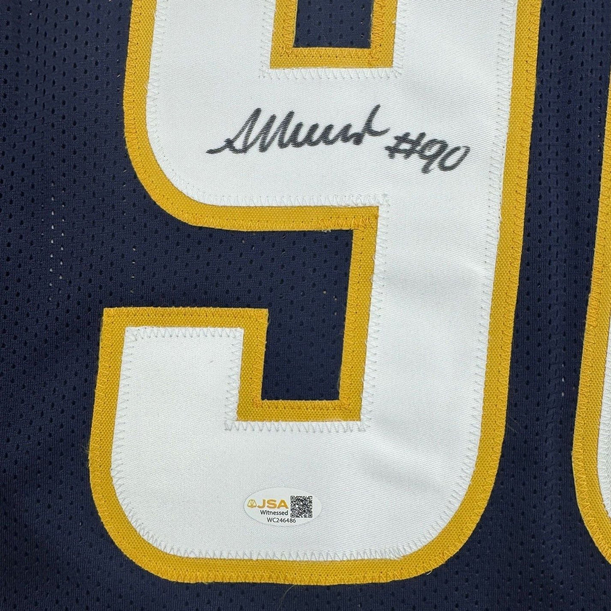 Framed Autographed/Signed Akheem Mesidor 35x39 Los Angeles San Diego Navy Blue Football Jersey JSA COA