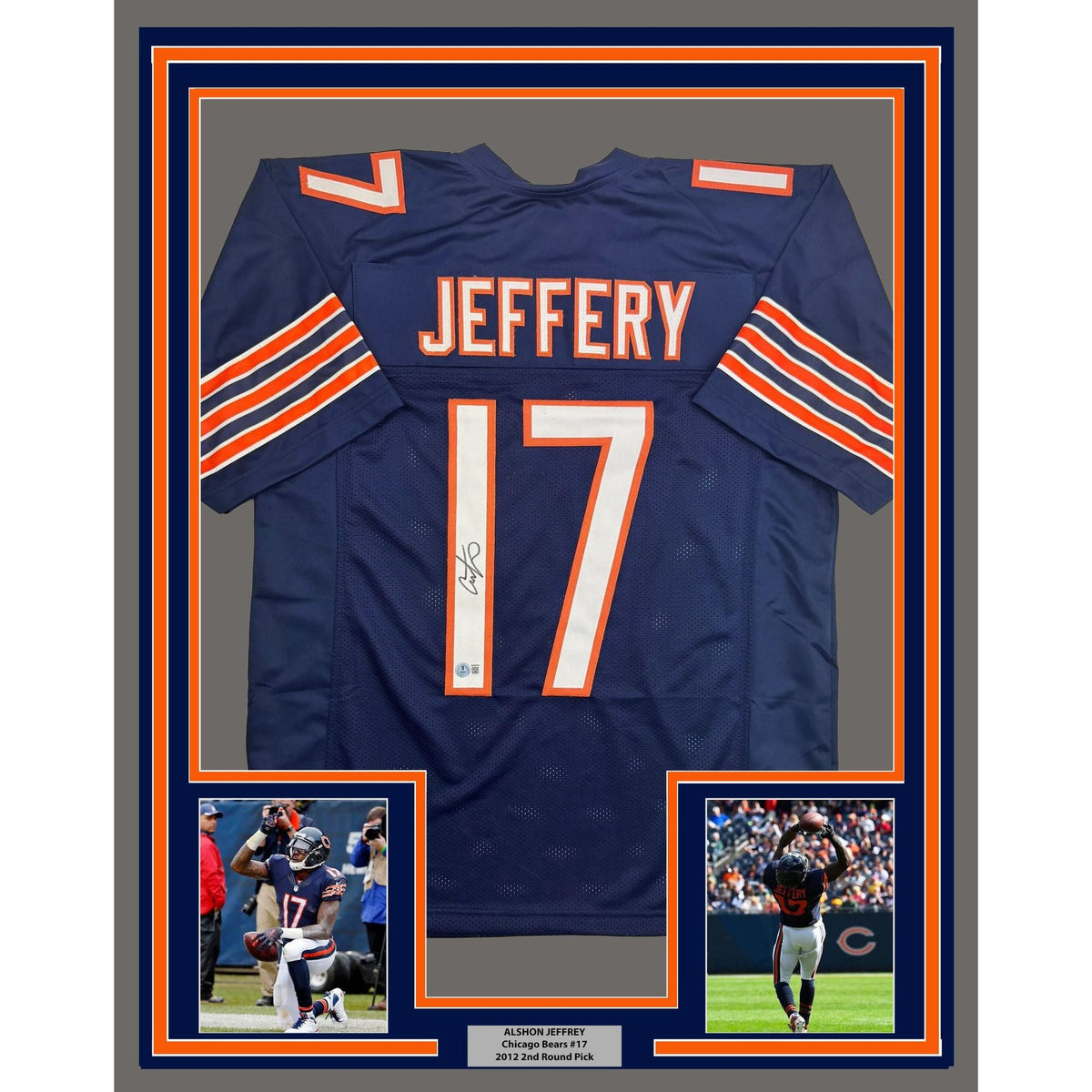 Framed Autographed/Signed Alshon Jeffery 35x39 Chicago Blue Football Jersey Beckett BAS COA