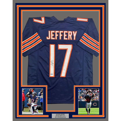Framed Autographed/Signed Alshon Jeffery 35x39 Chicago Blue Football Jersey Beckett BAS COA
