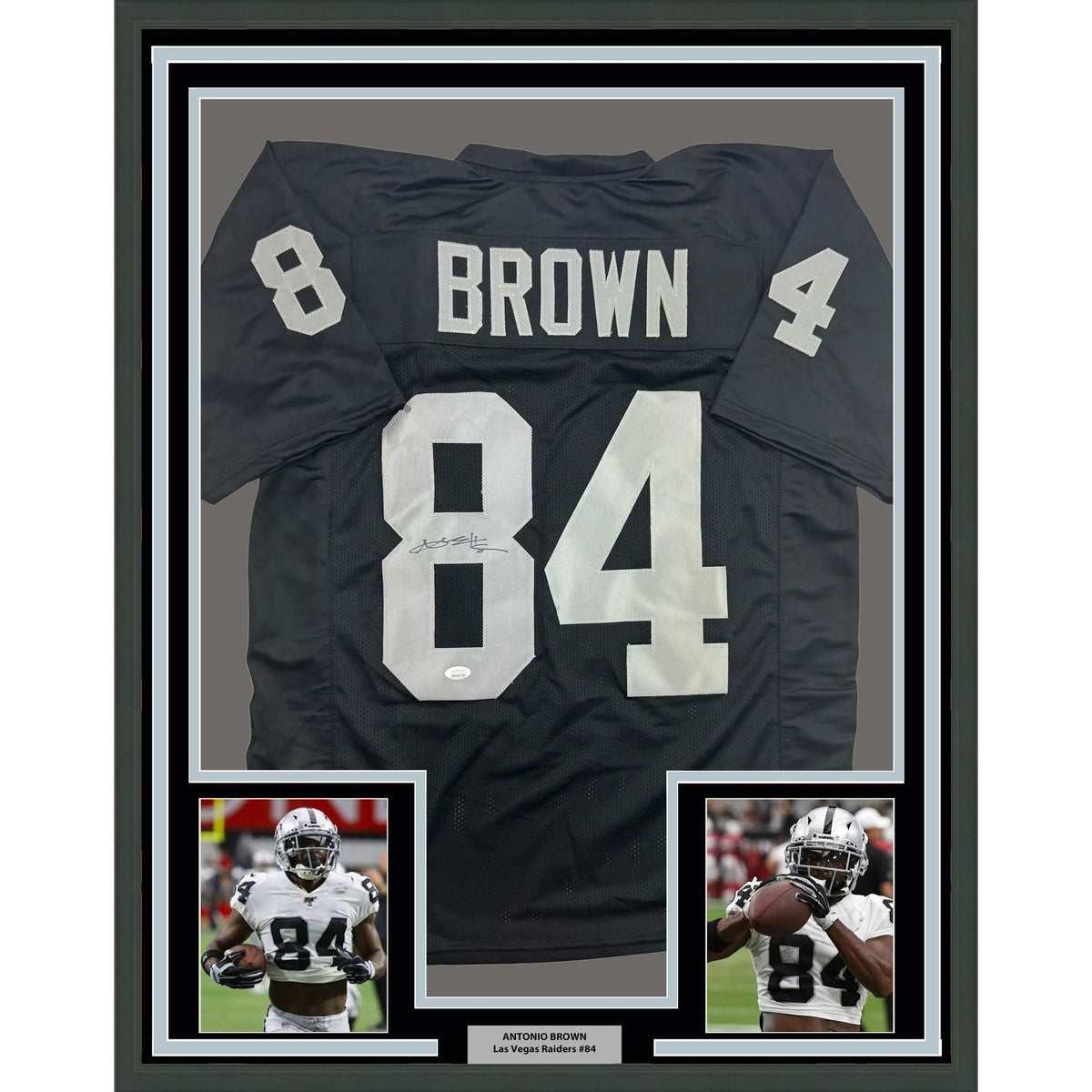 Framed Autographed/Signed Antonio Brown 35x39 Oakland Las Vegas Black Football Jersey JSA COA