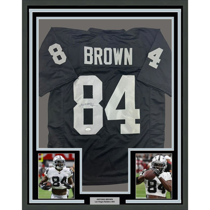 Framed Autographed/Signed Antonio Brown 35x39 Oakland Las Vegas Black Football Jersey JSA COA