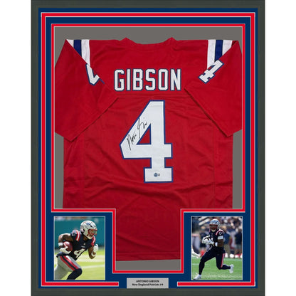 Framed Autographed/Signed Antonio Gibson 35x39 New England Red Football Jersey Beckett BAS COA