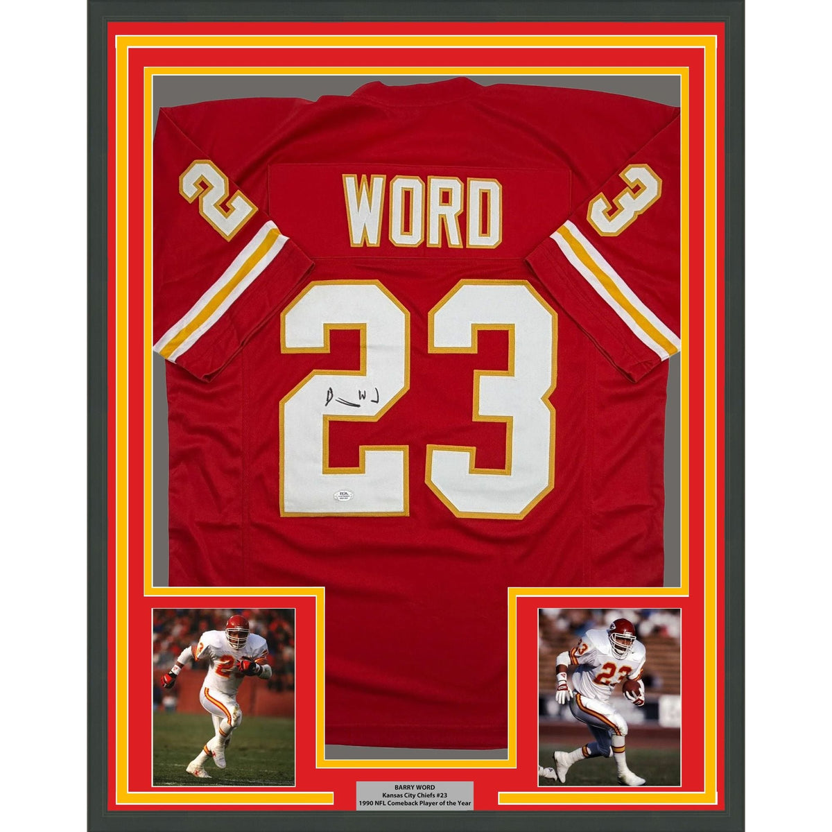Framed Autographed/Signed Barry Word 35x39 Kansas City Red Football Jersey PSA/DNA COA