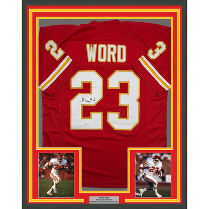 Framed Autographed/Signed Barry Word 35x39 Kansas City Red Football Jersey PSA/DNA COA