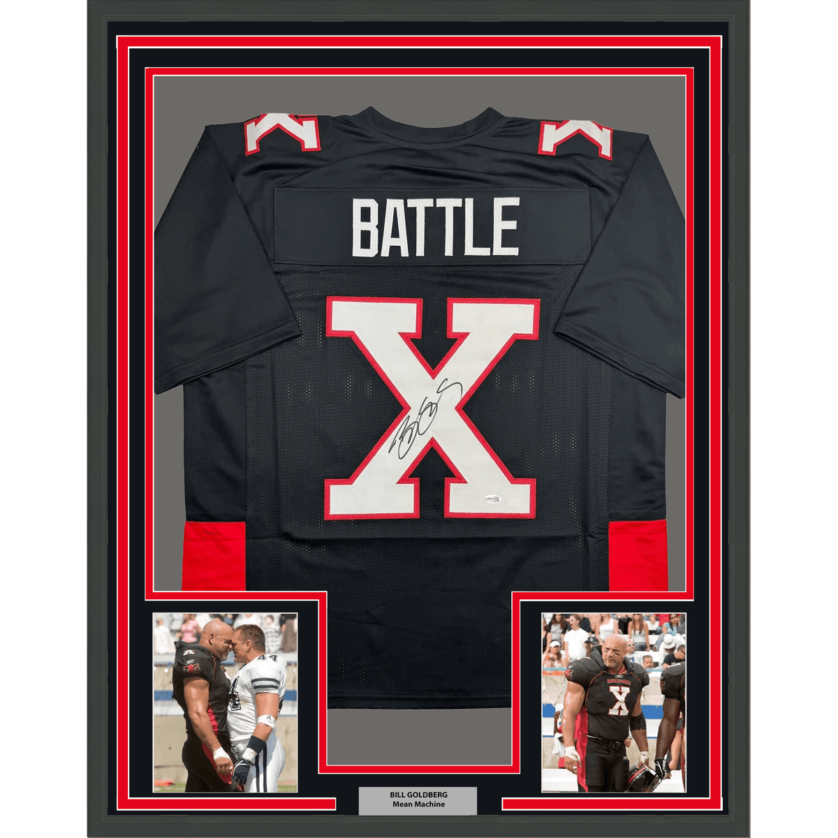 Framed Autographed/Signed Bill Goldberg Battle X 35x39 Mean Machine The Longest Yard Black Football Jersey JSA COA