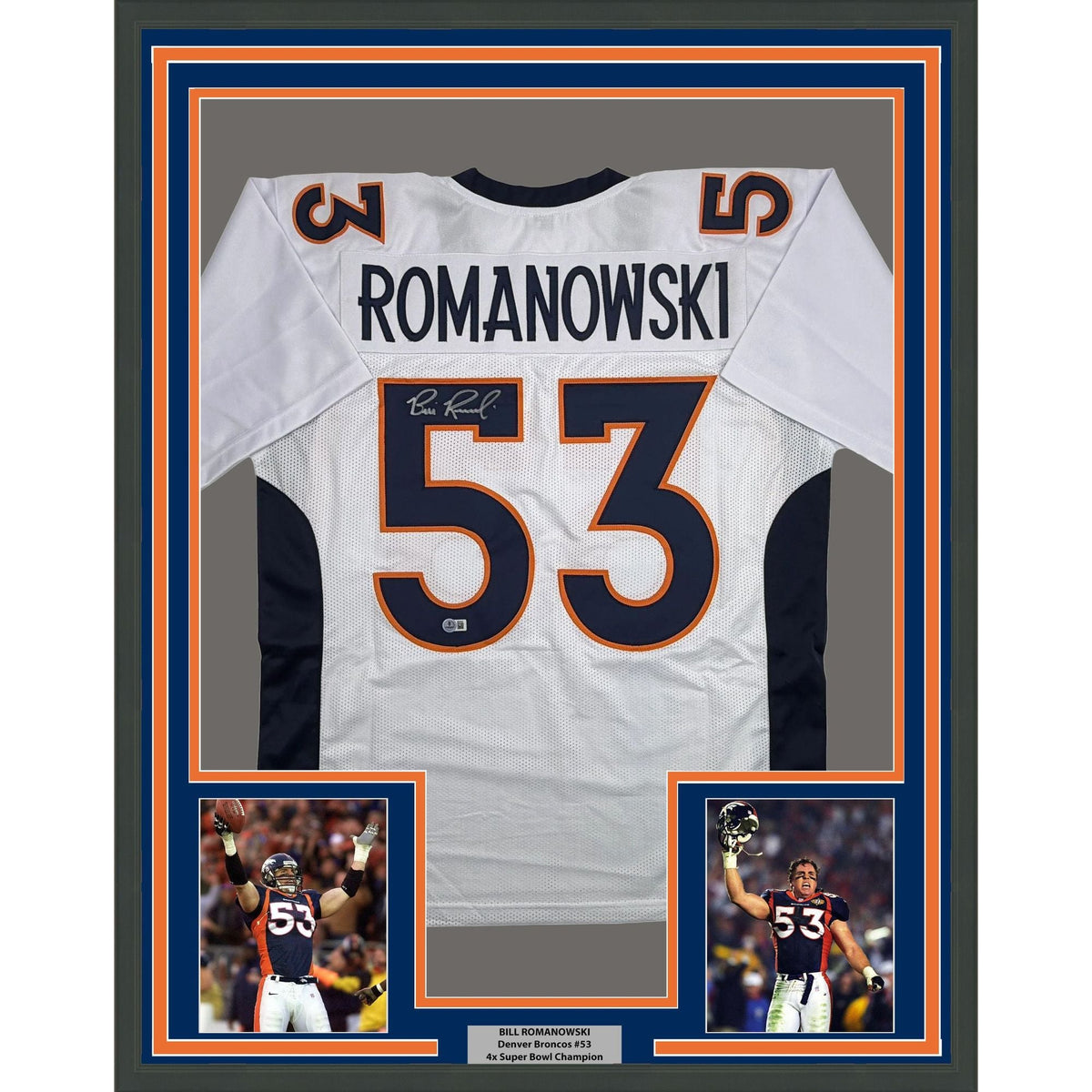 Framed Autographed/Signed Bill Romanowski 35x39 Denver White Football Jersey Beckett BAS COA