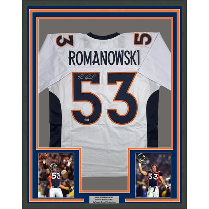 Framed Autographed/Signed Bill Romanowski 35x39 Denver White Football Jersey Beckett BAS COA
