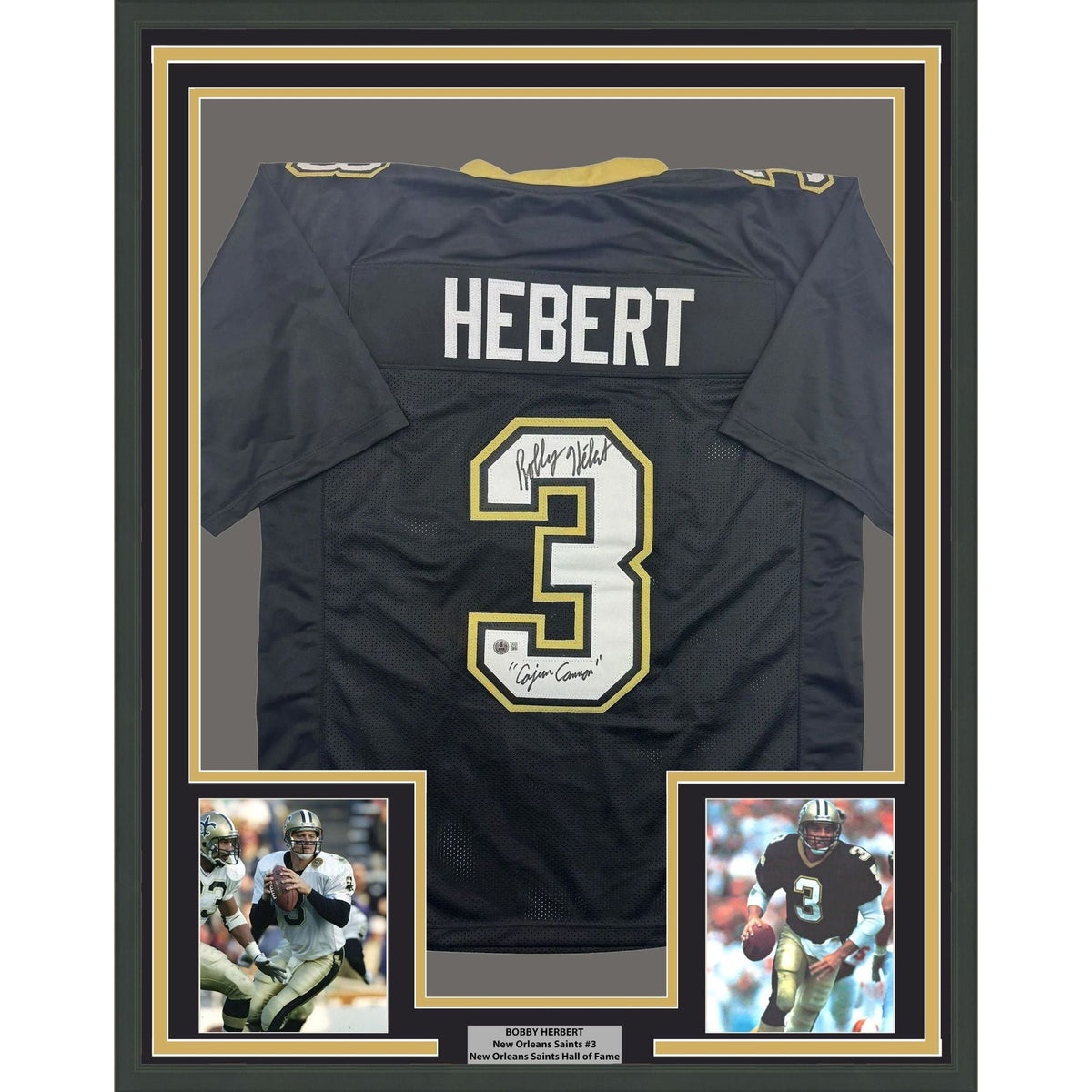 Framed Autographed/Signed Bobby Hebert Cajun Cannon 35x39 New Orleans Black Football Jersey Beckett BAS COA