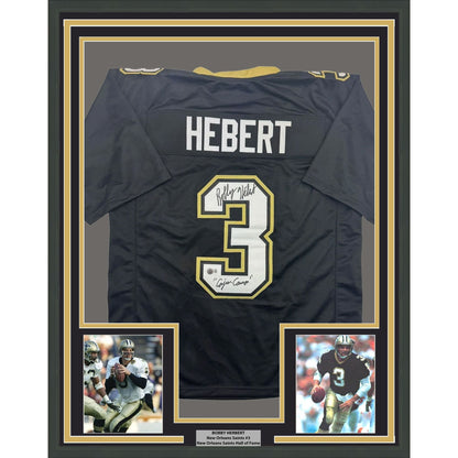 Framed Autographed/Signed Bobby Hebert Cajun Cannon 35x39 New Orleans Black Football Jersey Beckett BAS COA