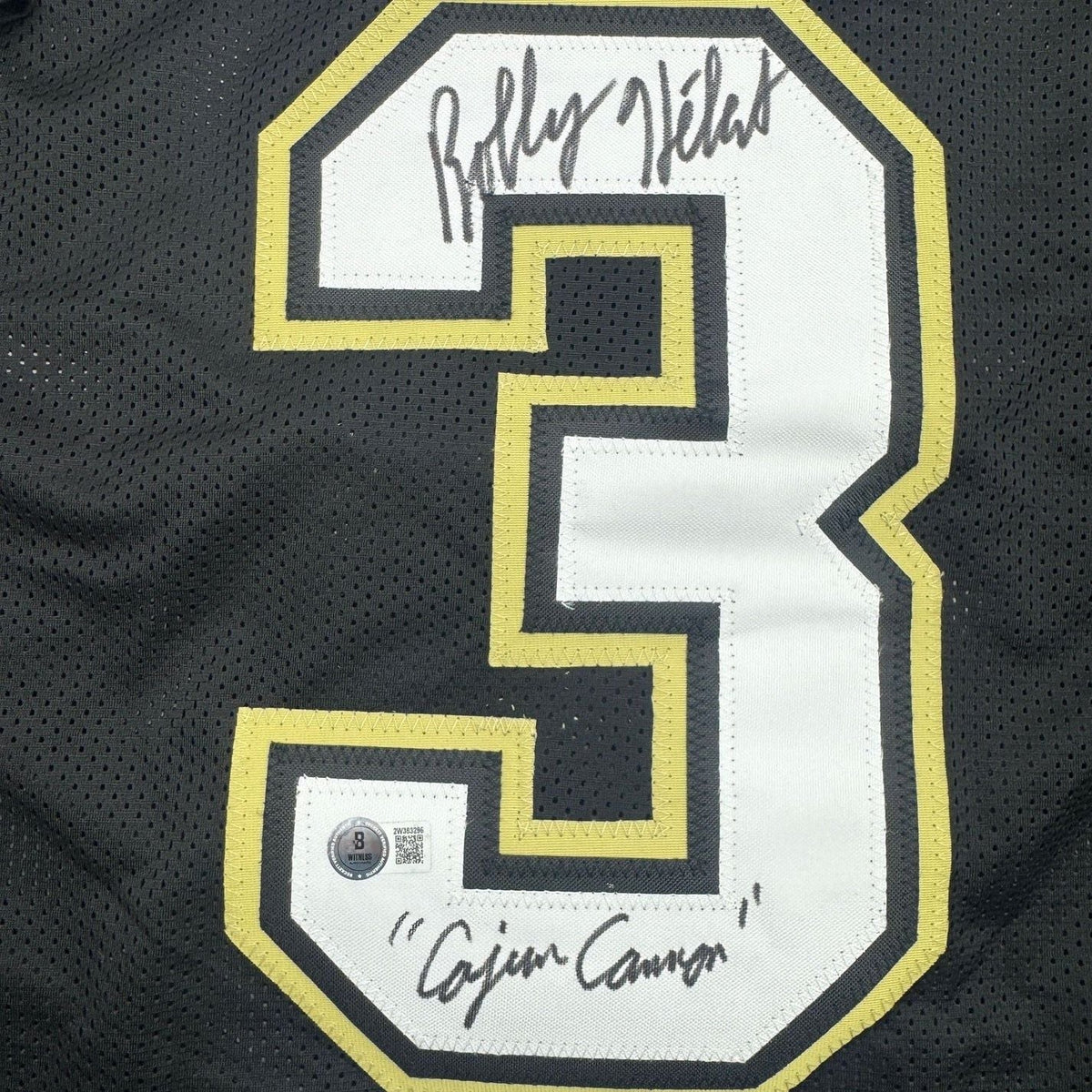Framed Autographed/Signed Bobby Hebert Cajun Cannon 35x39 New Orleans Black Football Jersey Beckett BAS COA