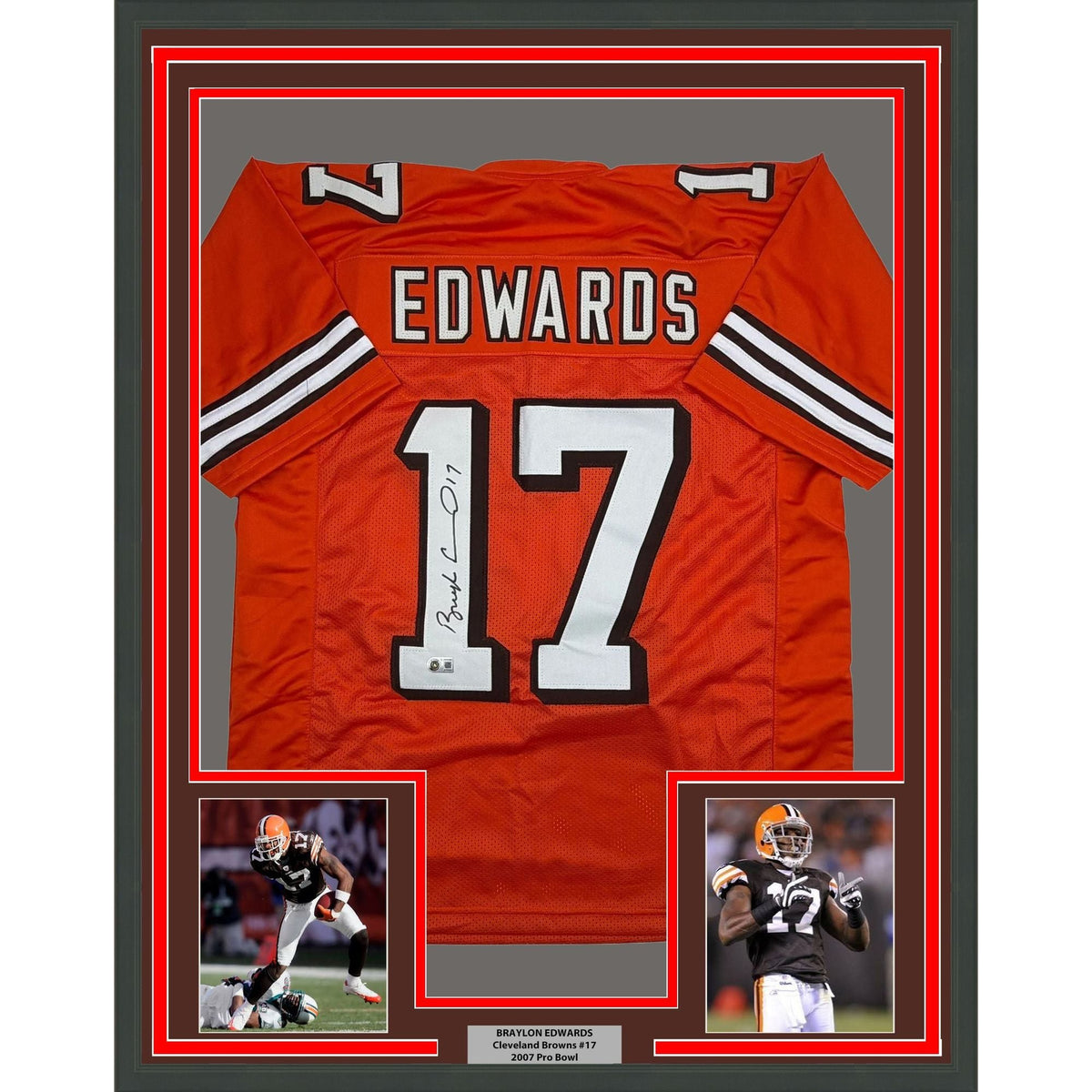 Framed Autographed/Signed Braylon Edwards 35x39 Cleveland Orange Football Jersey Beckett BAS COA